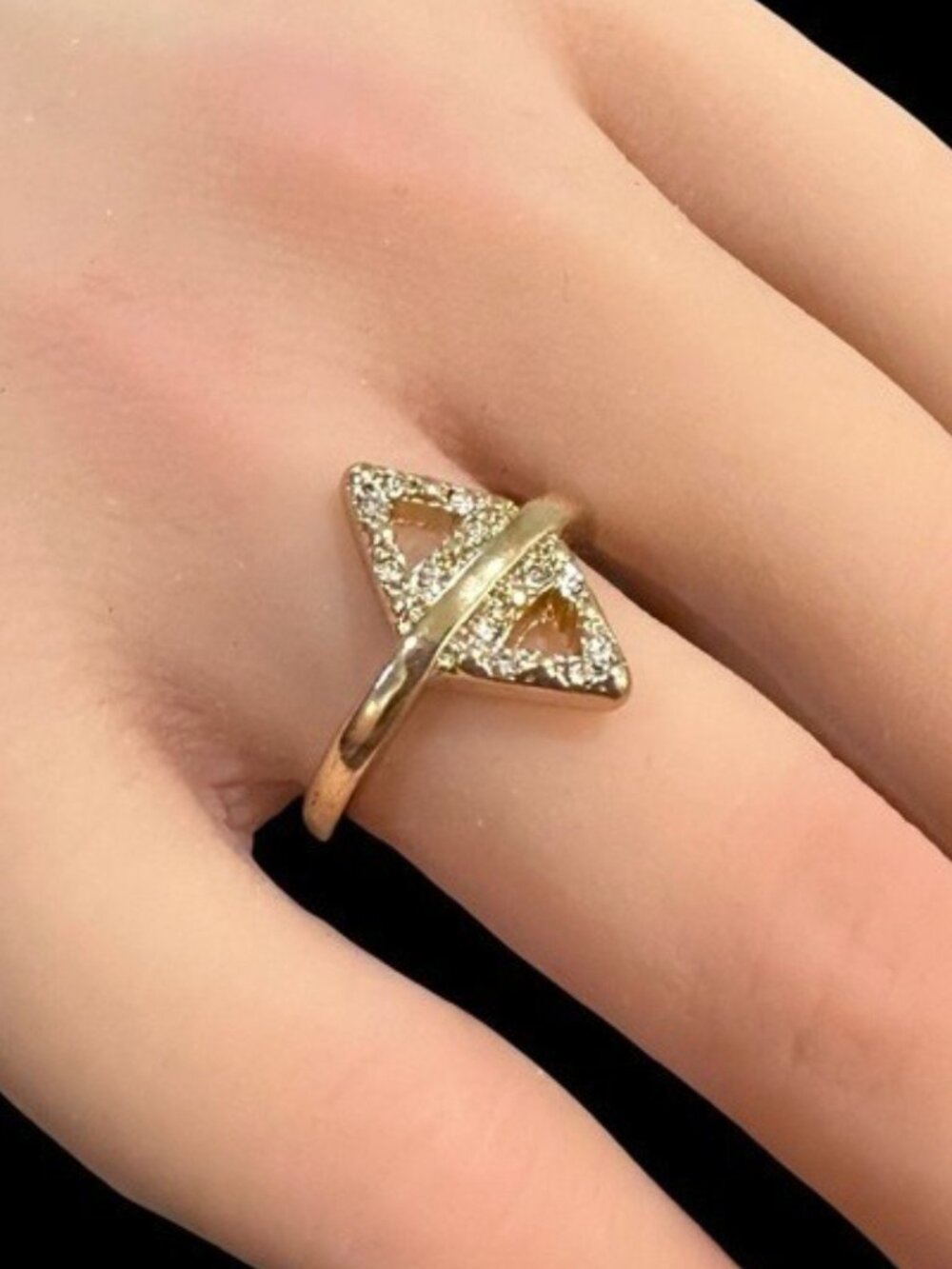 Micro Pave Ring Double Triangle Style Gold Tone Cubic Zirconia Size 6 Womens